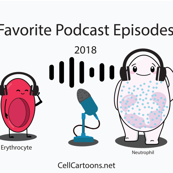 Favorite podcast illustration of dendritic cell happy and eryhtrocyte, neutrophil and epithelial cell with headphones