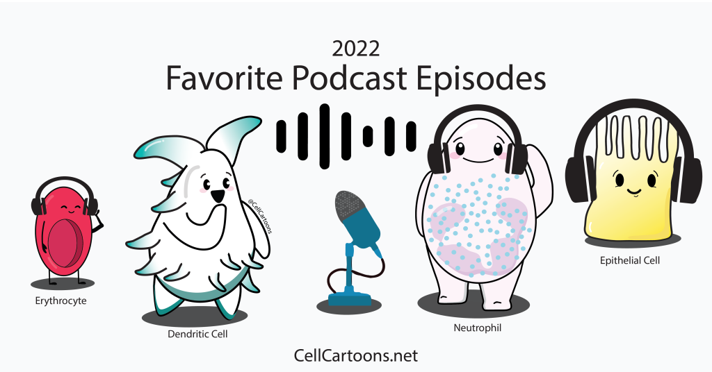 Cell cartoons with headphones listening to podcasts
