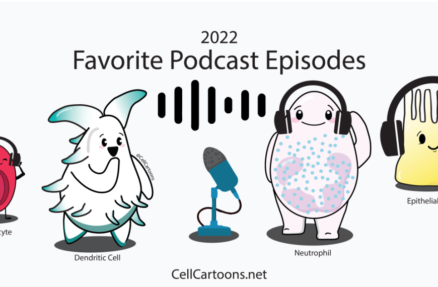 Cell cartoons with headphones listening to podcasts