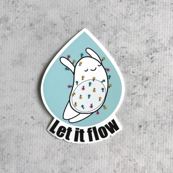 Sticker with a cartoon of cell inside of a droplet for flow cytometry "let it flow"