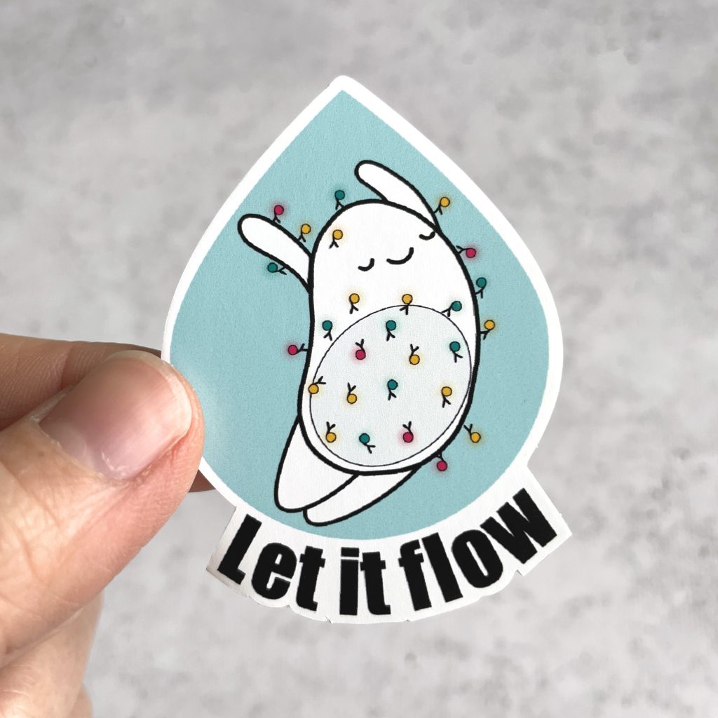 Sticker with a cartoon of cell inside of a droplet for flow cytometry "let it flow"